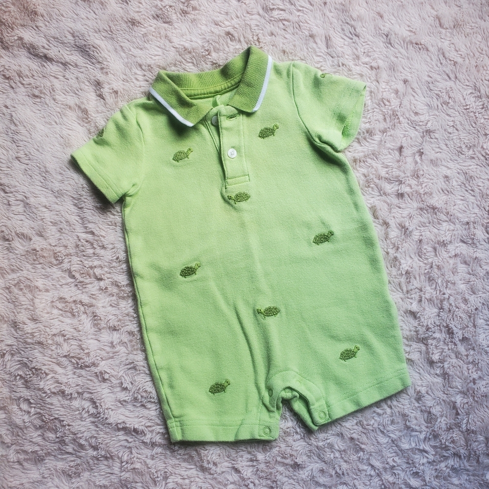 Green Polo Style Baby Romper with Turtle Embroidery